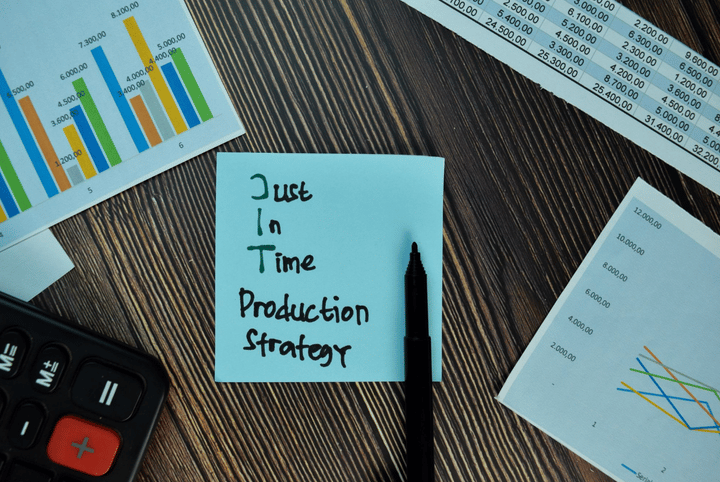 Una nota con la frase "Just In Time Production Strategy", junto a un bolígrafo, una calculadora, una hoja de cálculo y un gráfico sobre una mesa de madera