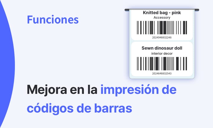 Vista de mejora en impresión de códigos de barras en BoxHero con etiquetas de ejemplo