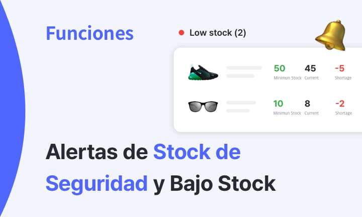 Ejemplo visual de alertas de stock en BoxHero con íconos de nivel mínimo, actual y escasez para cada producto.