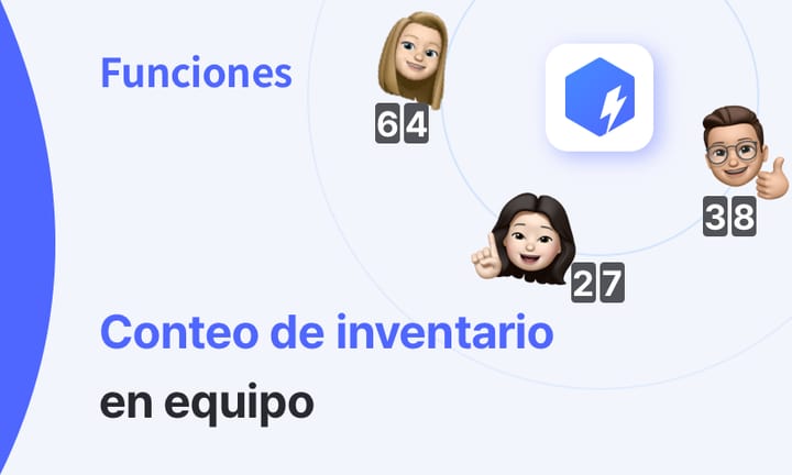 Imagen con el título “Funciones” y el texto “Conteo de inventario en equipo”, acompañada de tres emojis de personas con números y un icono de BoxHero en el centro.