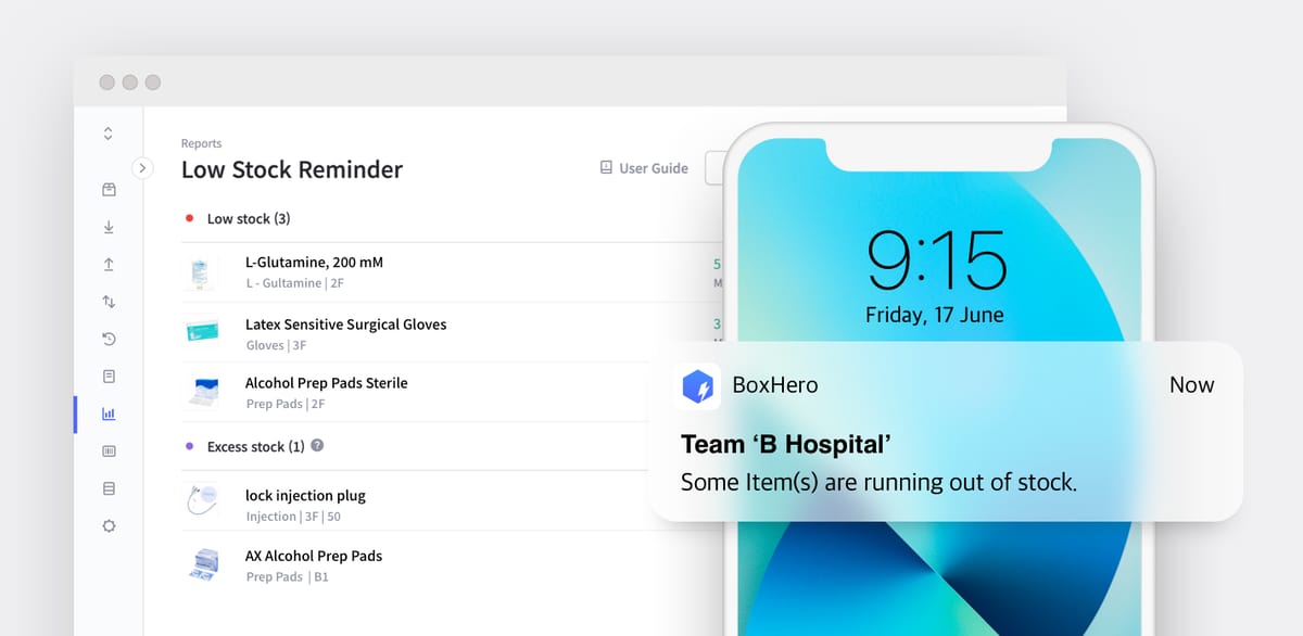 BoxHero low stock reminder report and mobile notification alert for hospital inventory