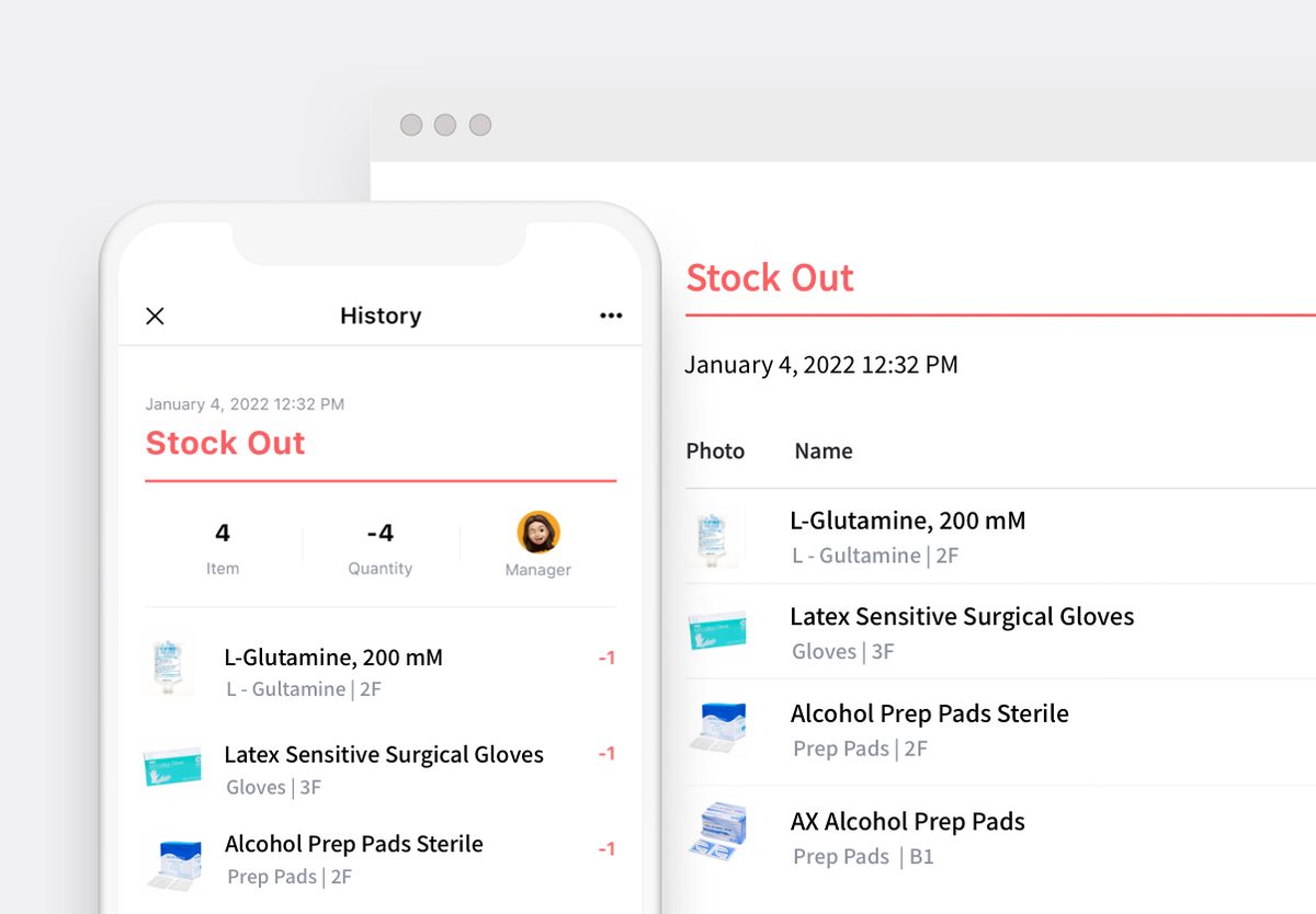 BoxHero stock out transaction on mobile and desktop showing items and quantities