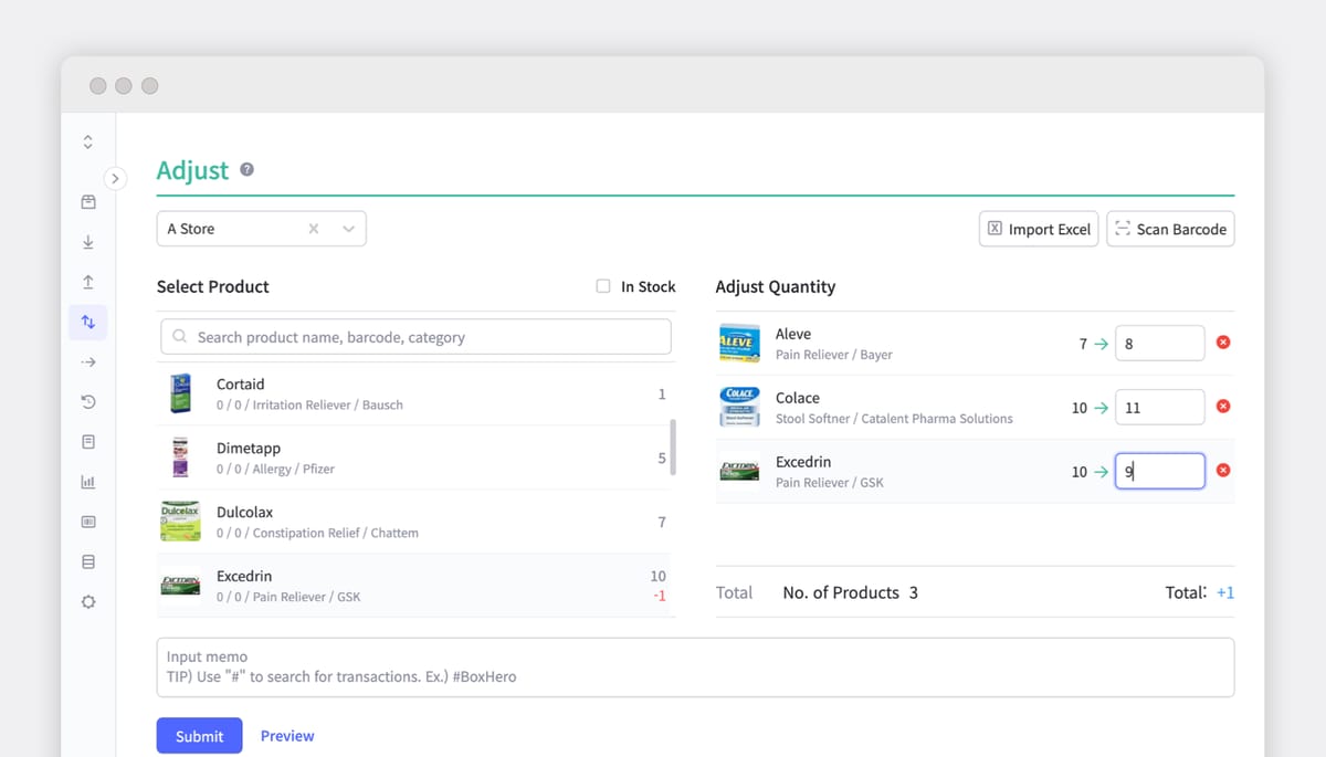 BoxHero adjust inventory screen updating quantities for Aleve, Colace, and Excedrin products