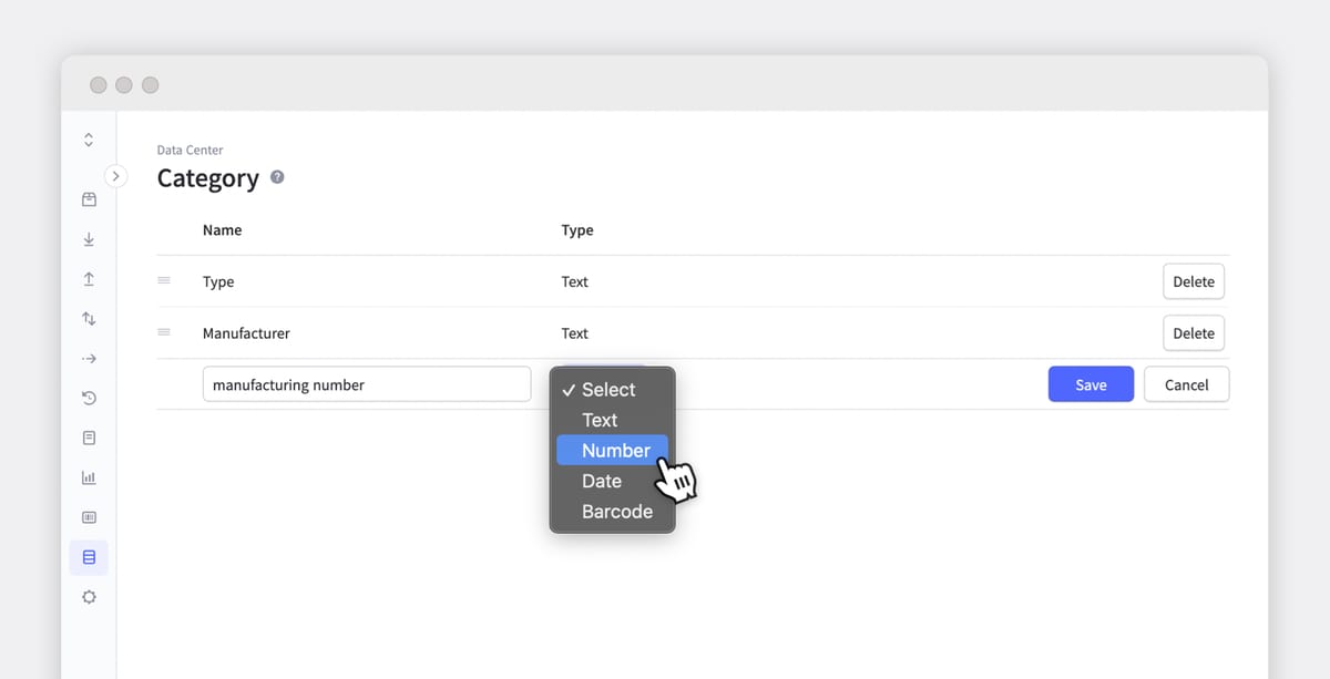 BoxHero category settings with options to define data fields as text, number, date, or barcode