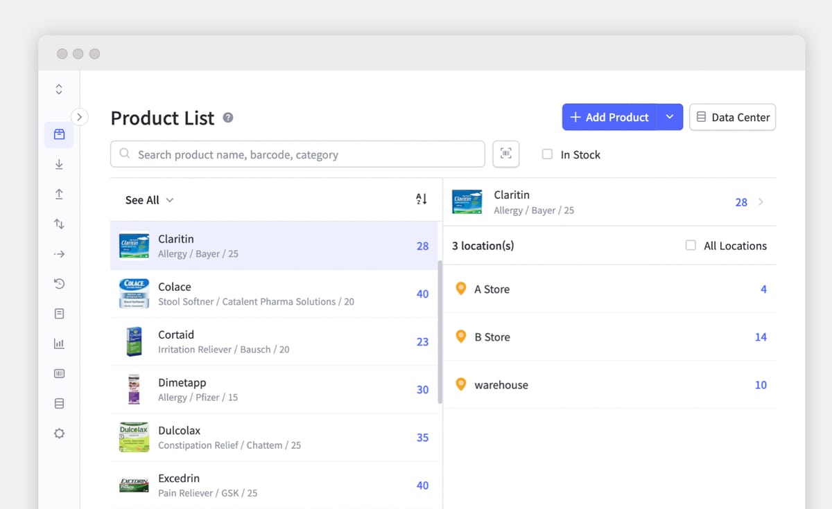BoxHero product list showing Claritin, Colace, Cortaid, and other medicines with stock quantities across multiple locations