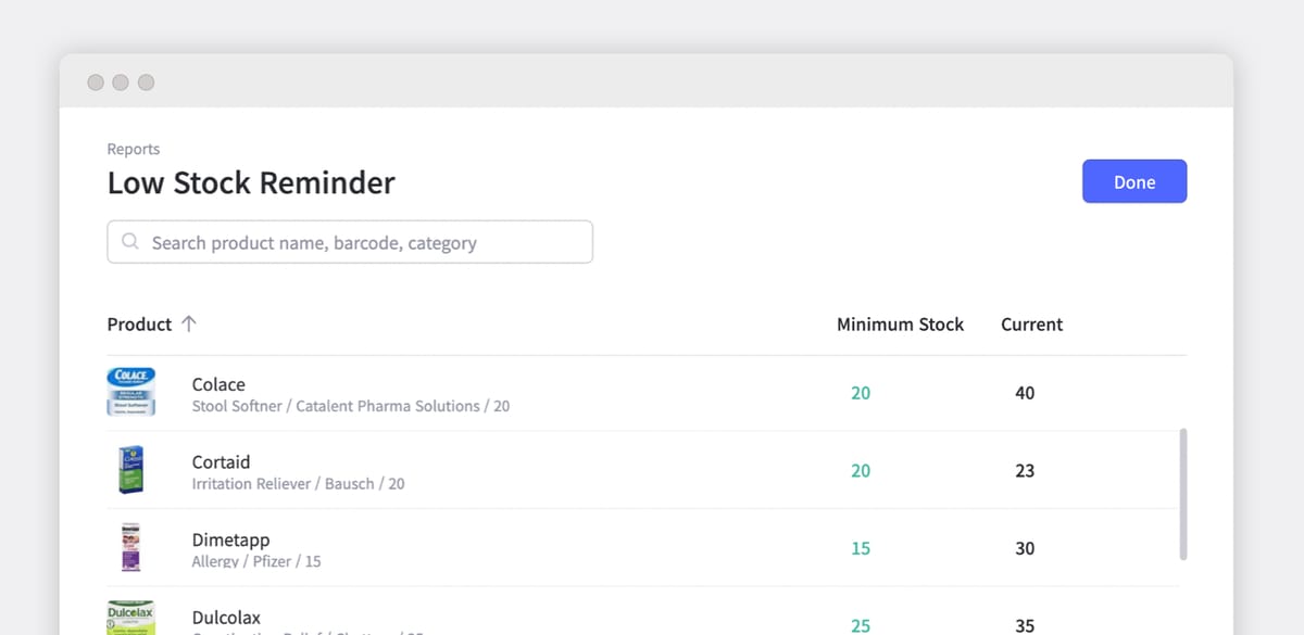 BoxHero low stock reminder report showing Colace, Cortaid, Dimetapp, and Dulcolax with minimum stock levels