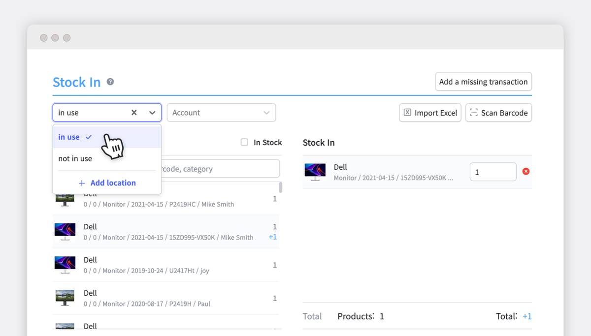 BoxHero stock in management screen with product list, location filter, and barcode scan option