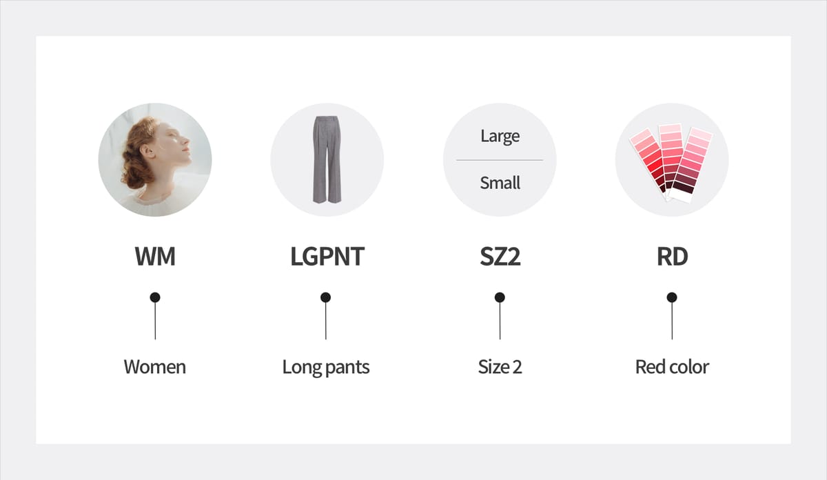 Product attribute examples showing women’s clothing, long pants, size 2, and red color options