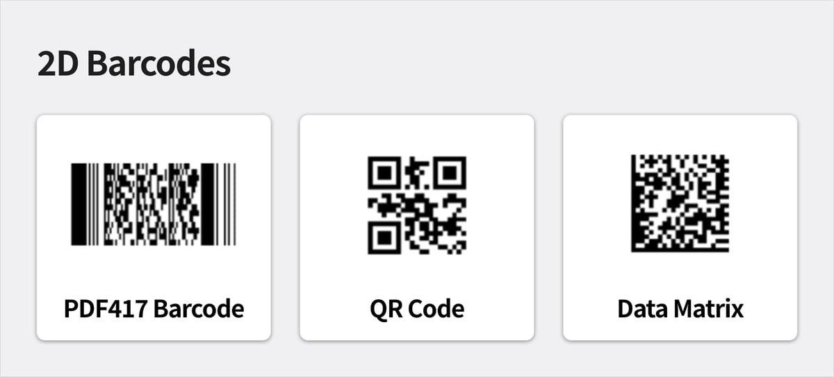 Images of PDF417, QR Code, and Data Matrix