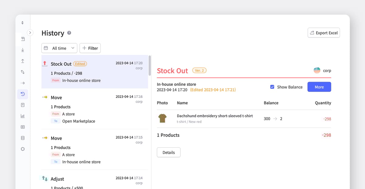 The "History" menu on the BoxHero app showing all the inventory transactions including "Move" locations