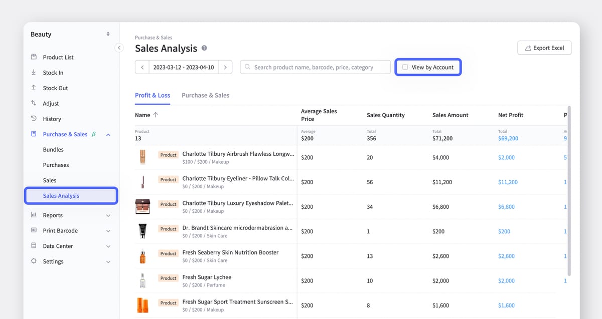 Sales Analysis page of BoxHero