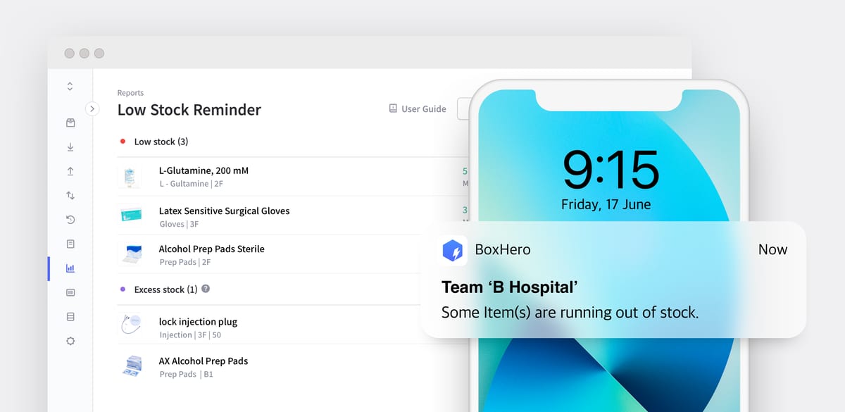 BoxHero's Low Stock Reminder screen on PC and a notification on a mobile phone