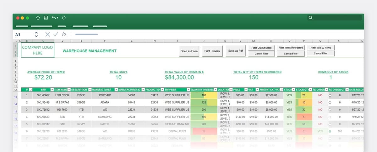 BoxHero warehouse management spreadsheet template showing SKUs, suppliers, and stock levels