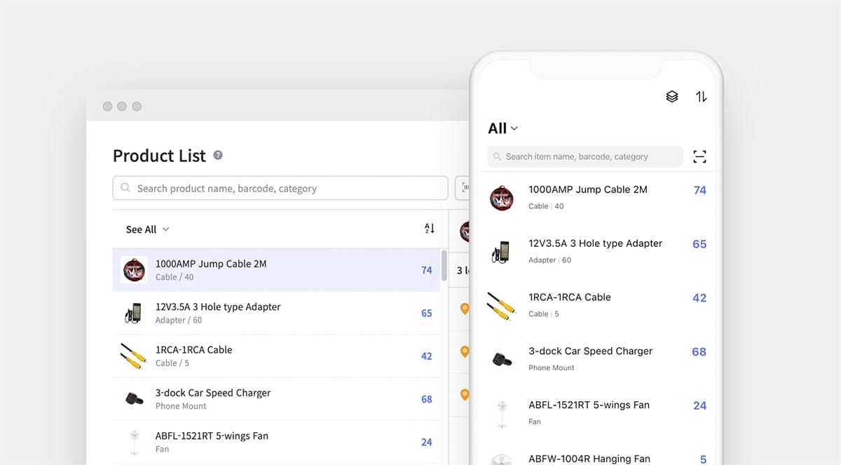 BoxHero product list screen with searchable items, categories, and stock quantities on desktop and mobile