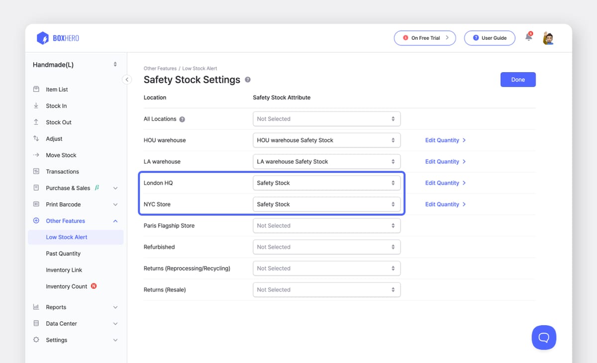 BoxHero UI: Safety Stock Attributes by Location