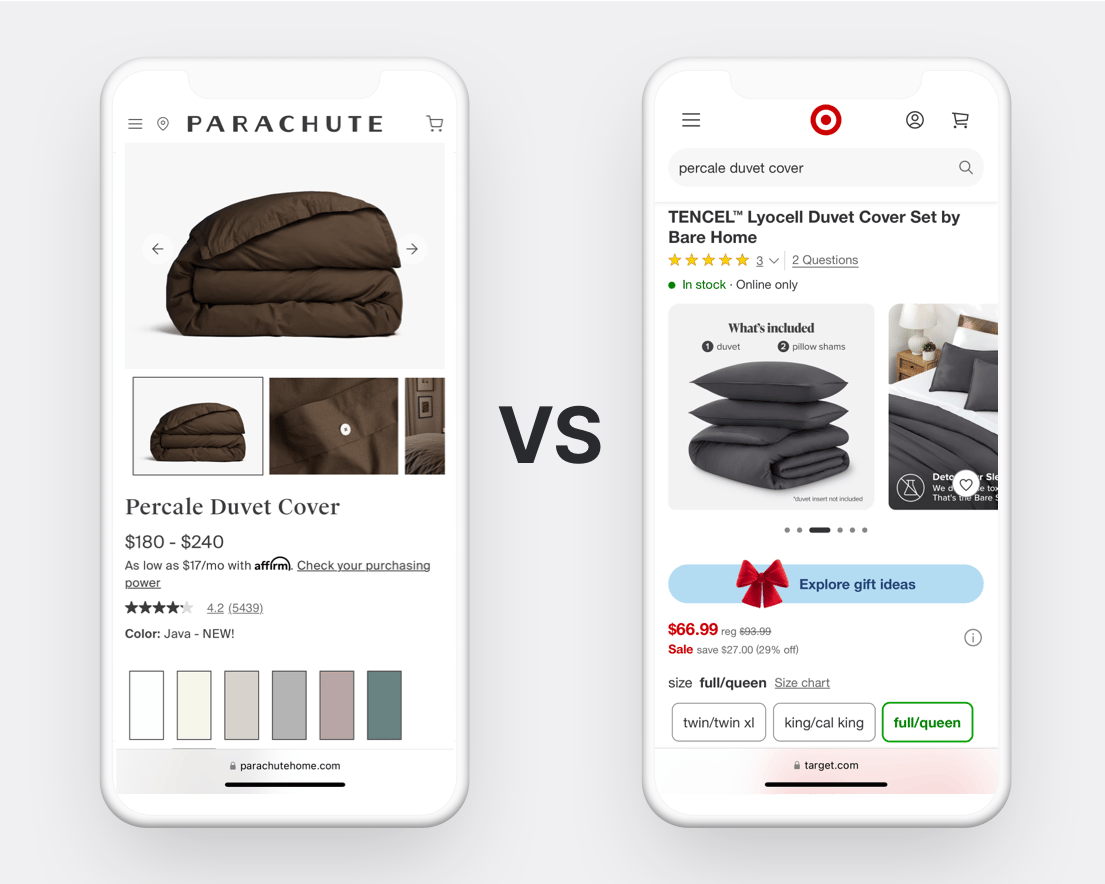 Mobile Screenshots: Luxurious bed sheets from Parachute vs. Basic bedding set from Target