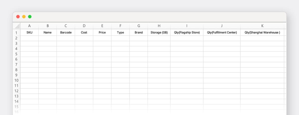 Sample Excel Template with the first row filled in