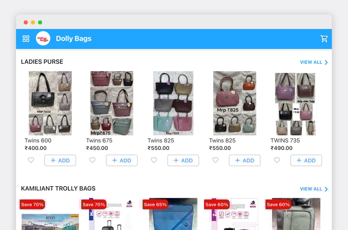 Dolly Bags' online store with wide range of products—from travel bags and school backpacks to office briefcases and purses