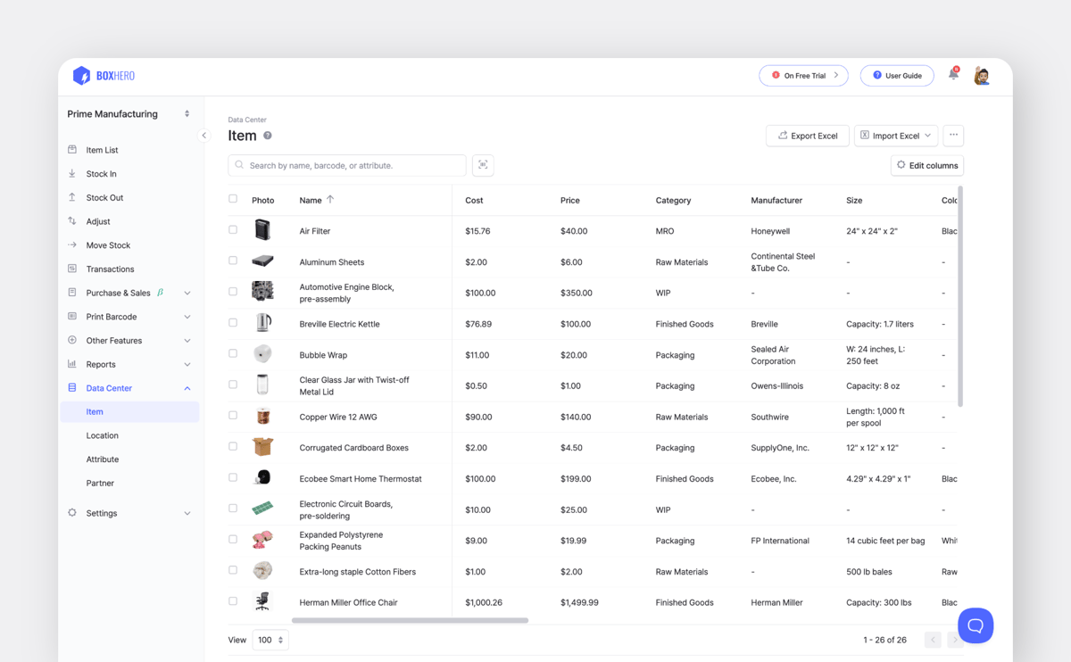The Item section in BoxHero lets you manage product details like names, SKUs, barcodes, pricing, and custom attributes all in one place.