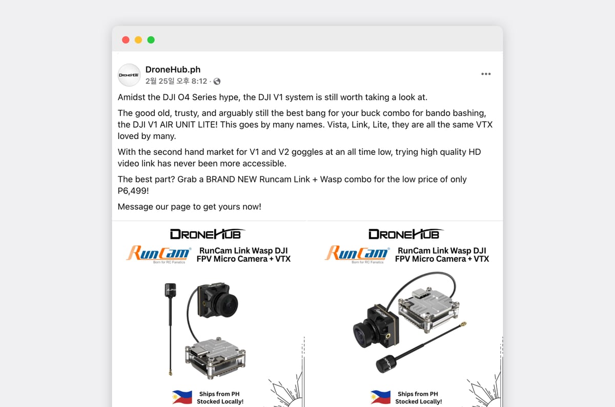 A social media post from DroneHub PH showcasing the RunCam Link Wasp DJI FPV Micro Camera, a device as small as a dice yet built for high-performance drone footage.