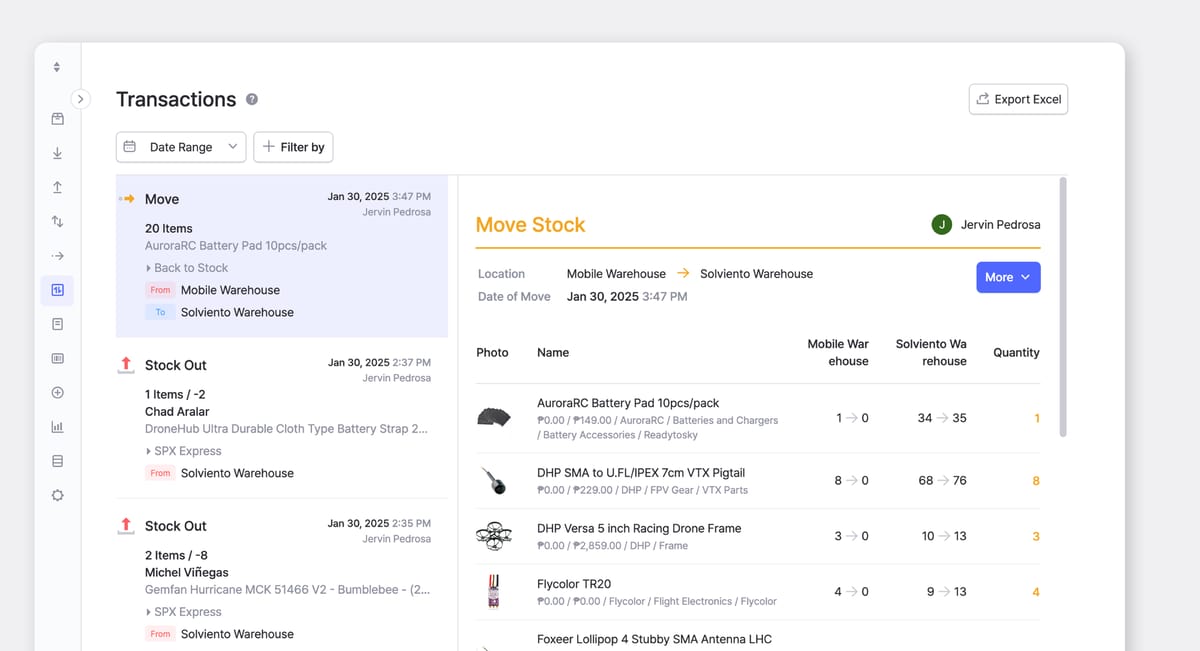 DroneHub PH’s transaction history on BoxHero, showcasing how inventory is efficiently moved between their main storage and "mobile warehouse" during drone racing events.