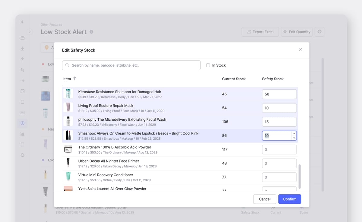 BoxHero UI: Setting up Safety Stock Attribute for Low Stock Alerts