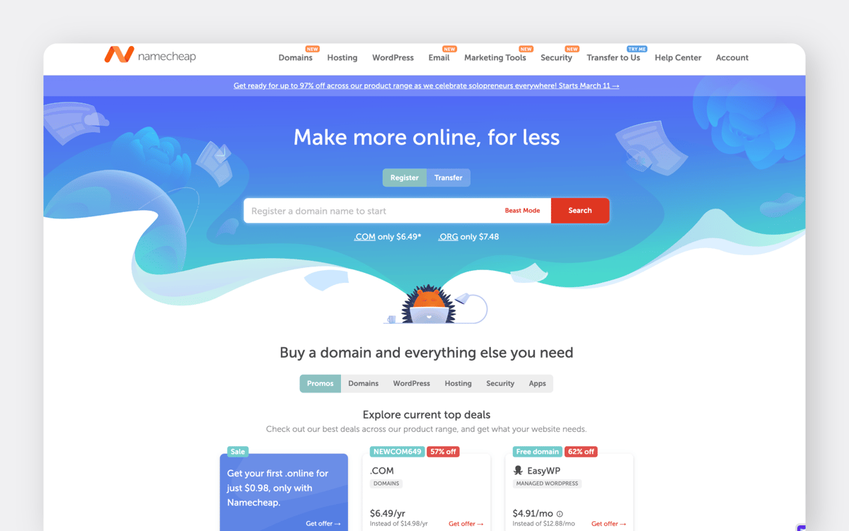 Namecheap offers domain registration services with a wide selection of top-level domains (TLDs). 