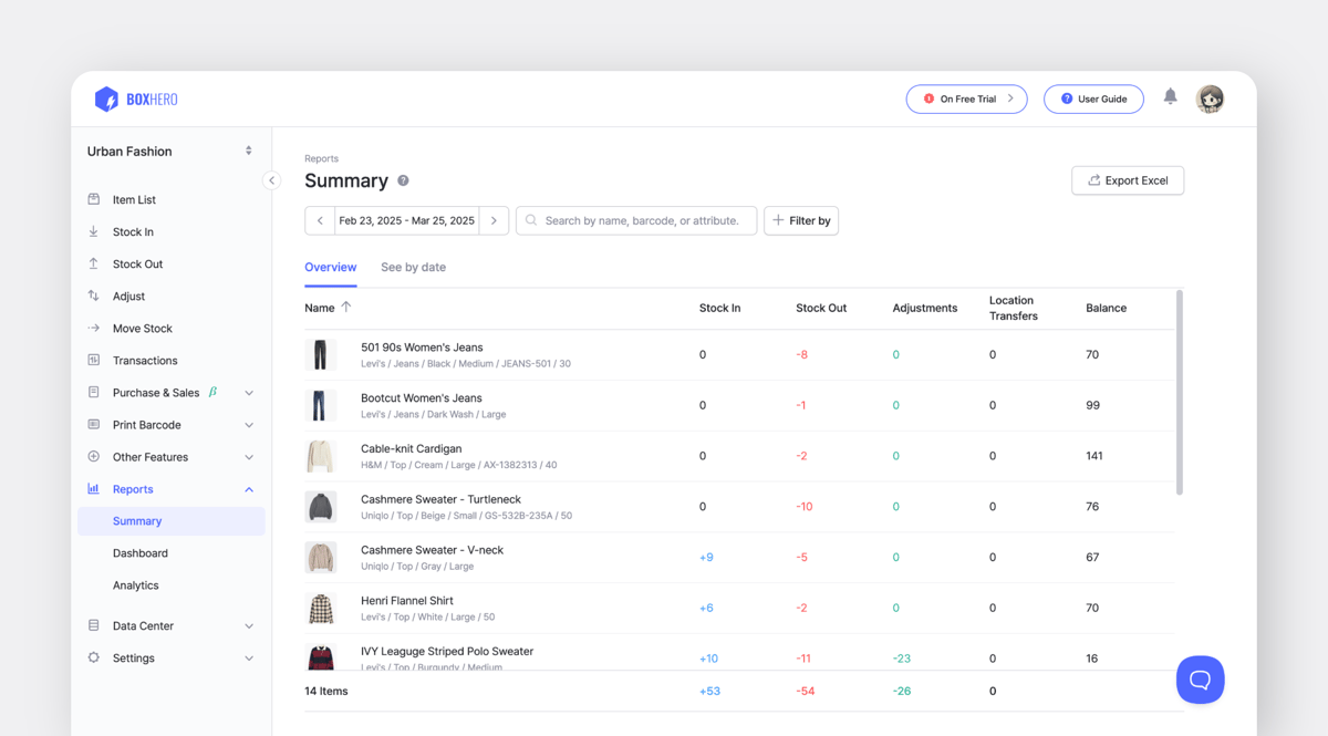 BoxHero Summary report displaying stock in/out, adjustments, and balance for various items over a selected date range.