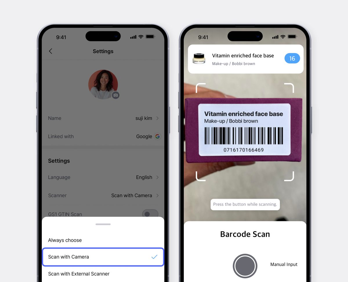 BoxHero Mobile UI Screenshots: Scan Barcode with Phone Camera