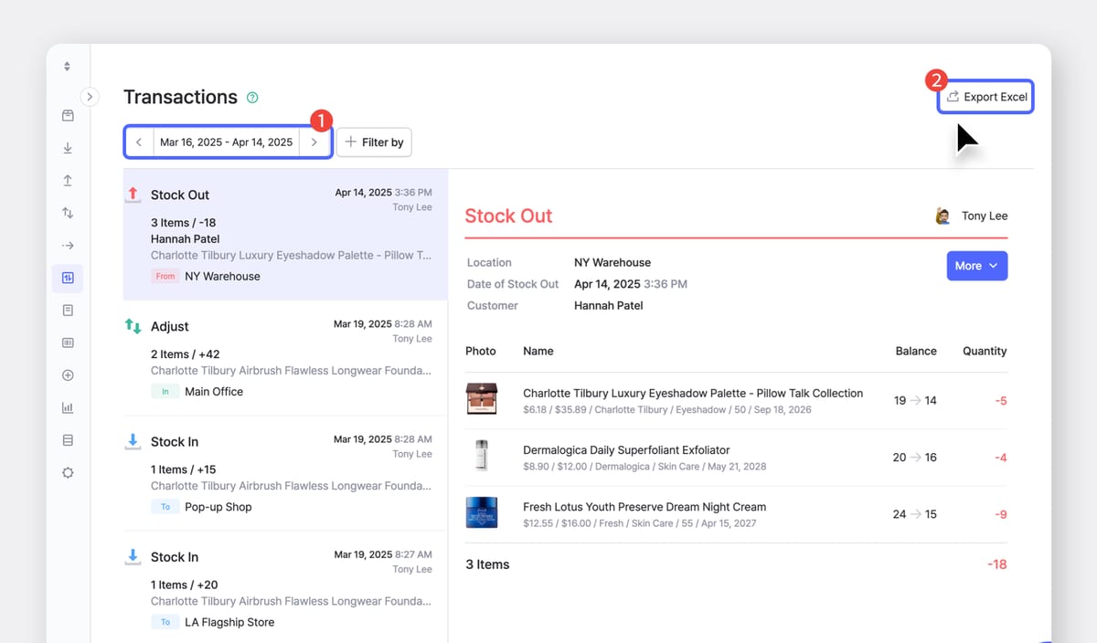 BoxHero Web Screenshot: Export Inventory Transactions to Excel