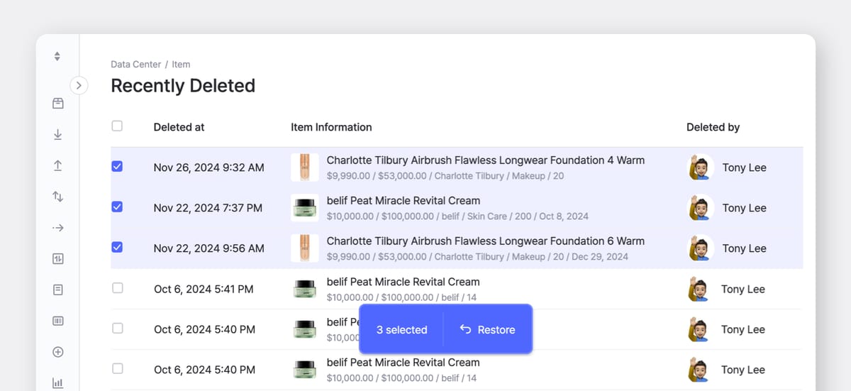 BoxHero Web Screenshot: Recently Deleted Items
