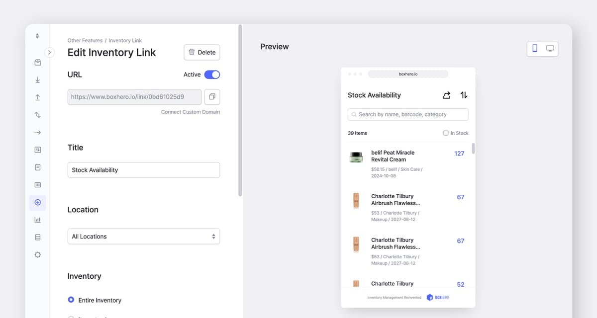 BoxHero Web Screenshot: Edit Inventory Link