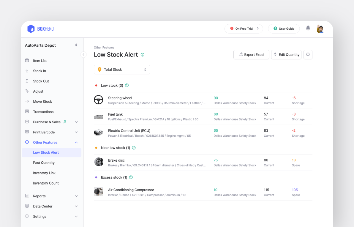 BoxHero UI: Low Stock Alert & Safety Stock