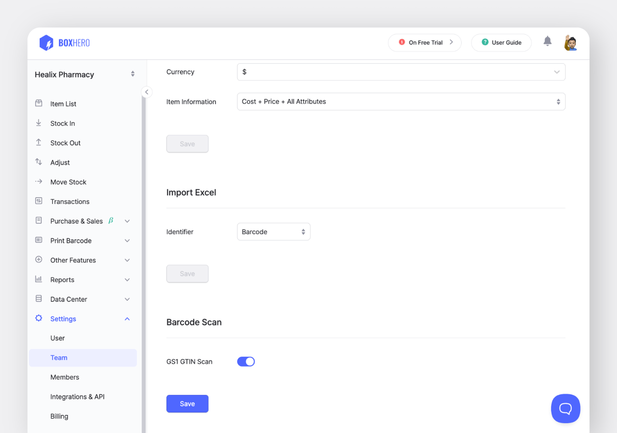 BoxHero Web Screenshot: Toggle to turn on GS1 GTIN Scan Recognition