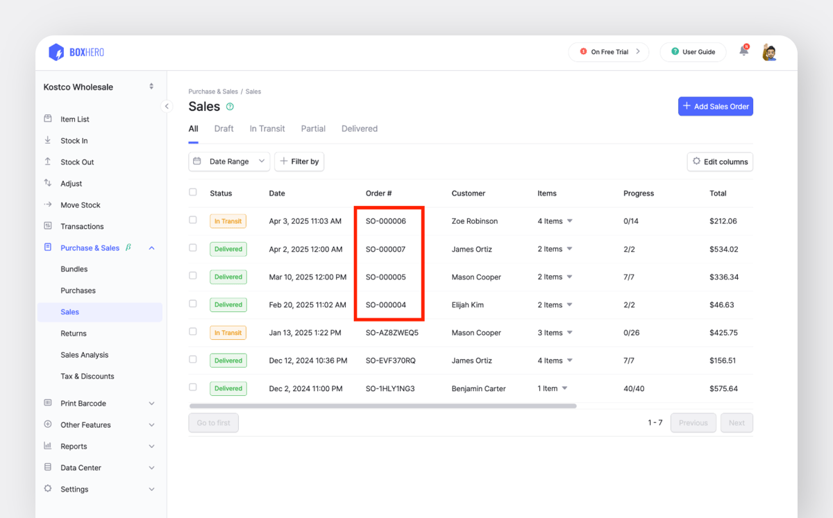 BoxHero Web: Sales Order Sequential Numbering