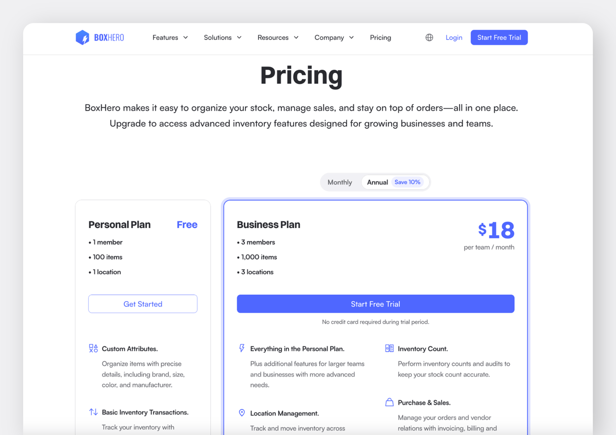BoxHero Official Website: Pricing Page for Subscription Plans