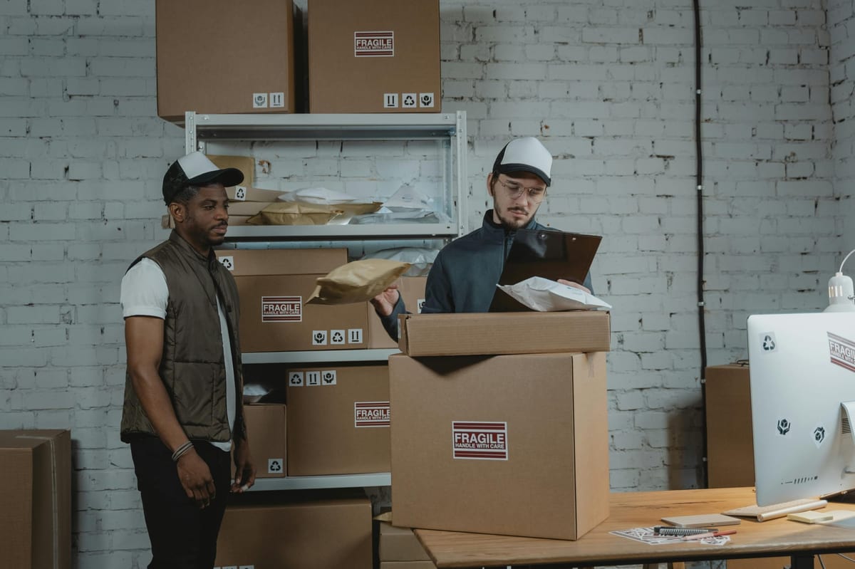 Two men organizing shipping boxes in a warehouse, one checking a clipboard and the other standing near stacked packages.