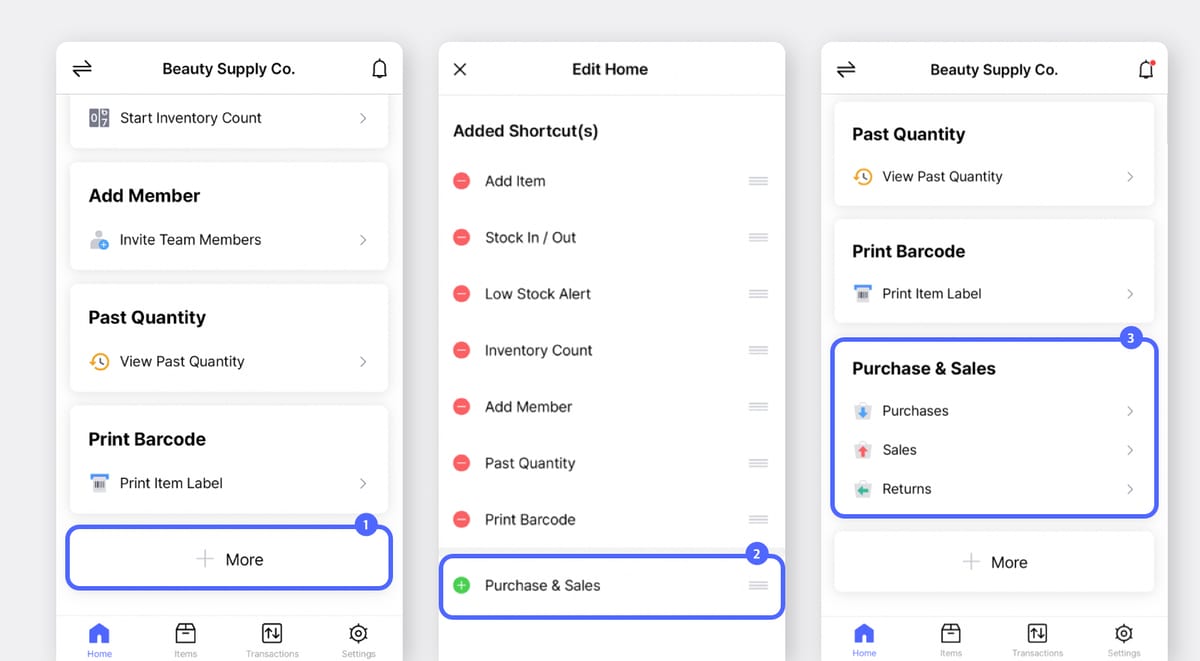 BoxHero Mobile Screen: Adding Purchase & Sales to Shortcuts