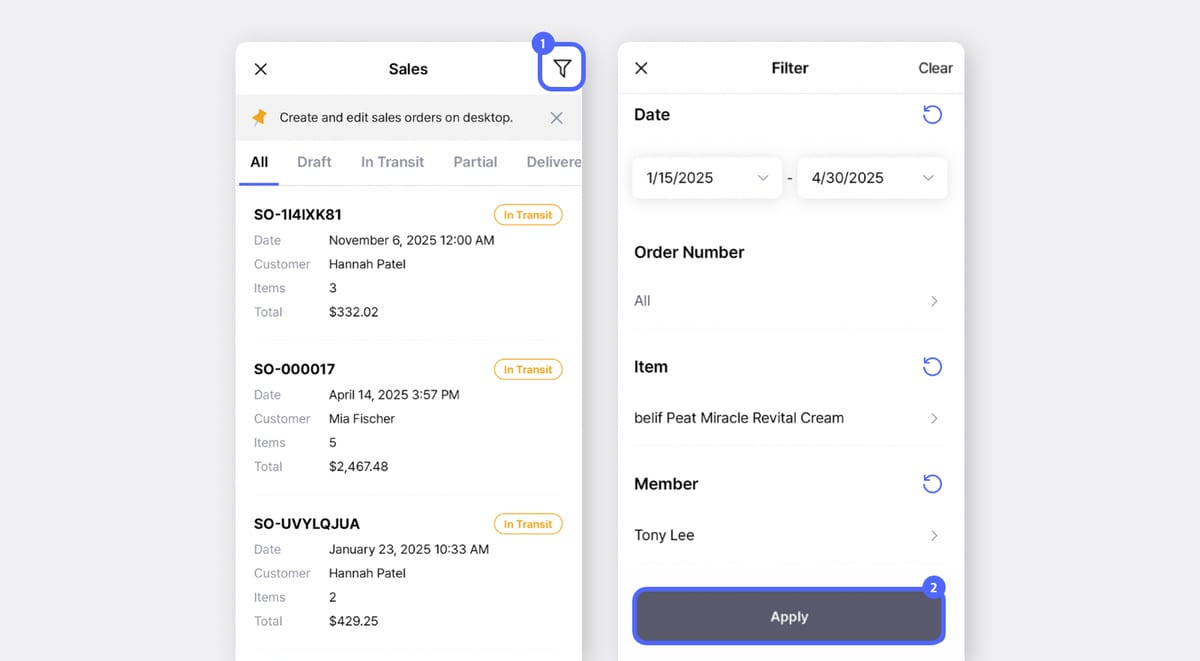 BoxHero Mobile Screen: Add Filter to Sales Order