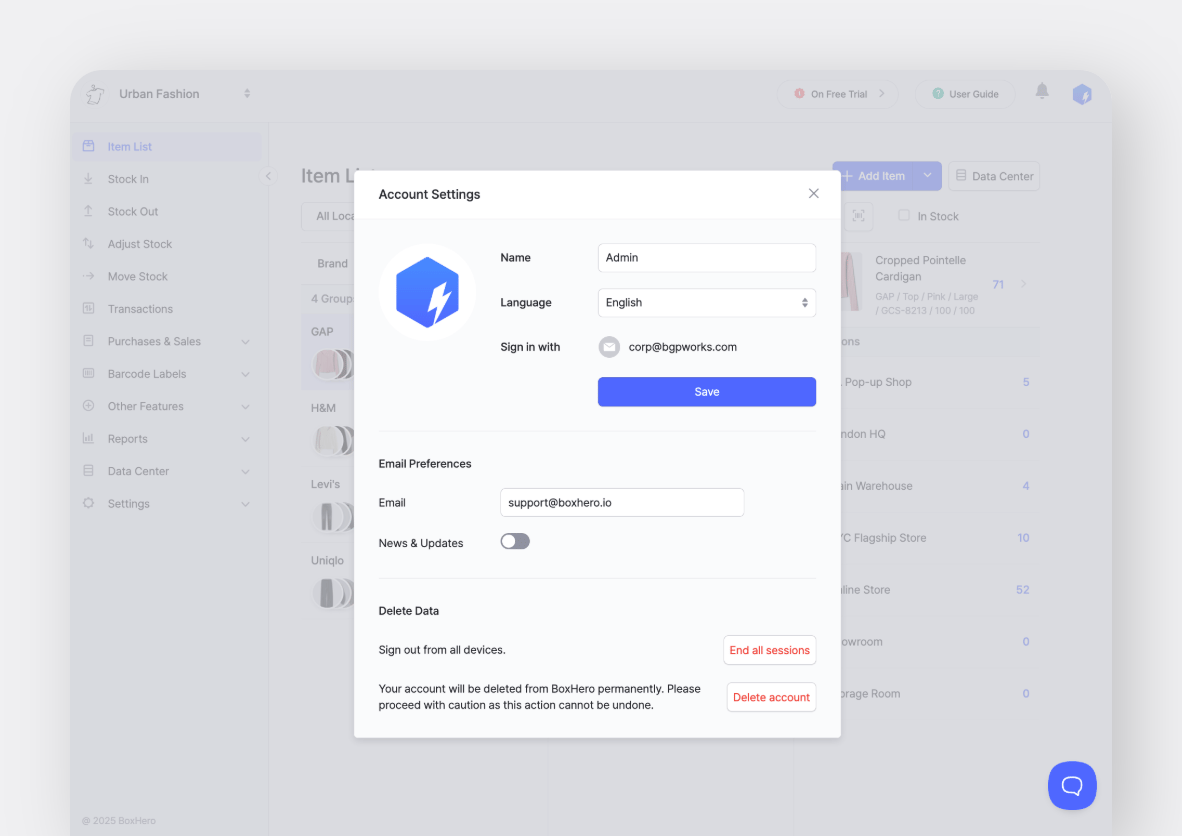 BoxHero Web UI with Account Settings Pop-up