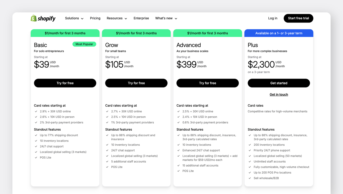 Shopify Website - Pricing Page