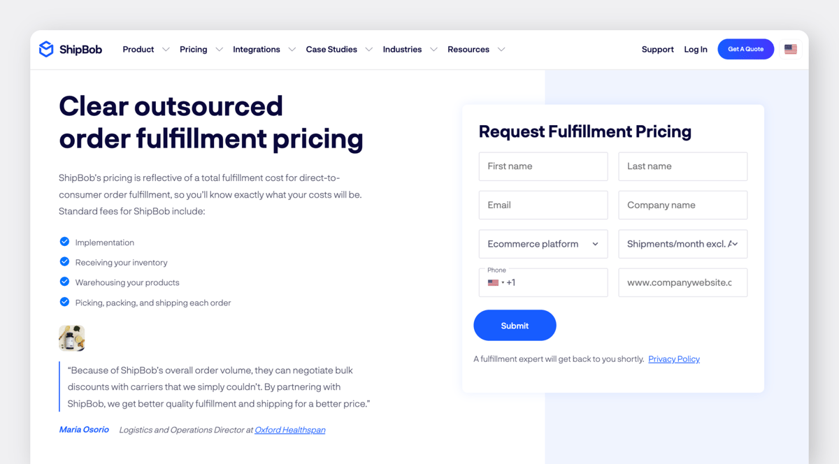 ShipBob Website - Pricing Page