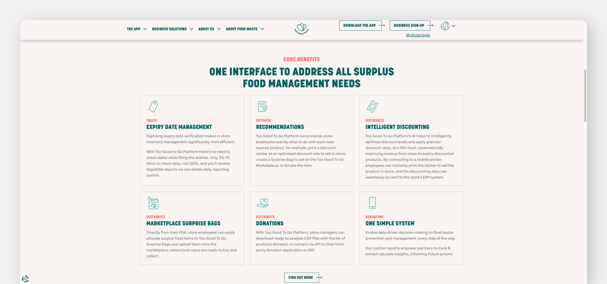 Too Good To Go dashboard highlighting features for surplus food management like expiry tracking and discounting.