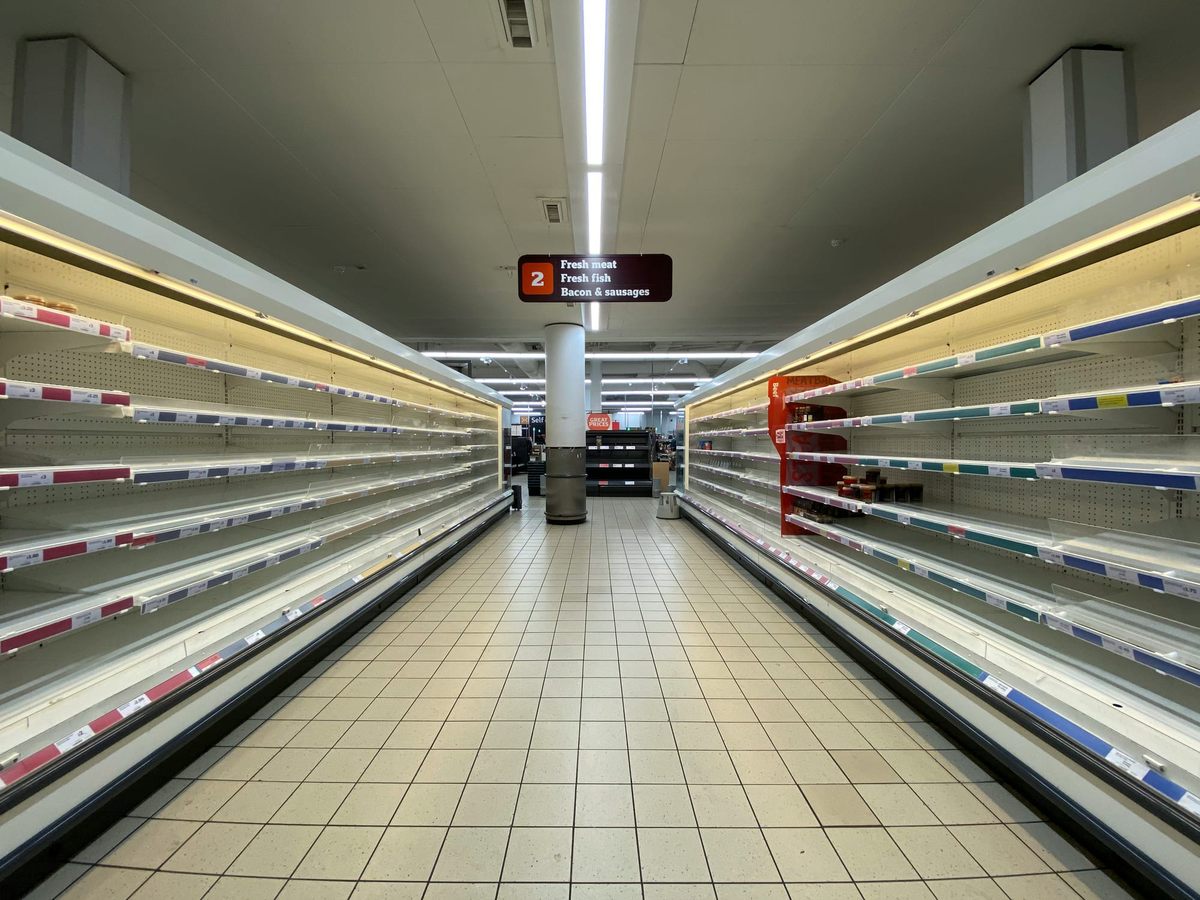 Empty refrigerated shelves in a supermarket illustrating a stockout scenario in fresh food inventory.