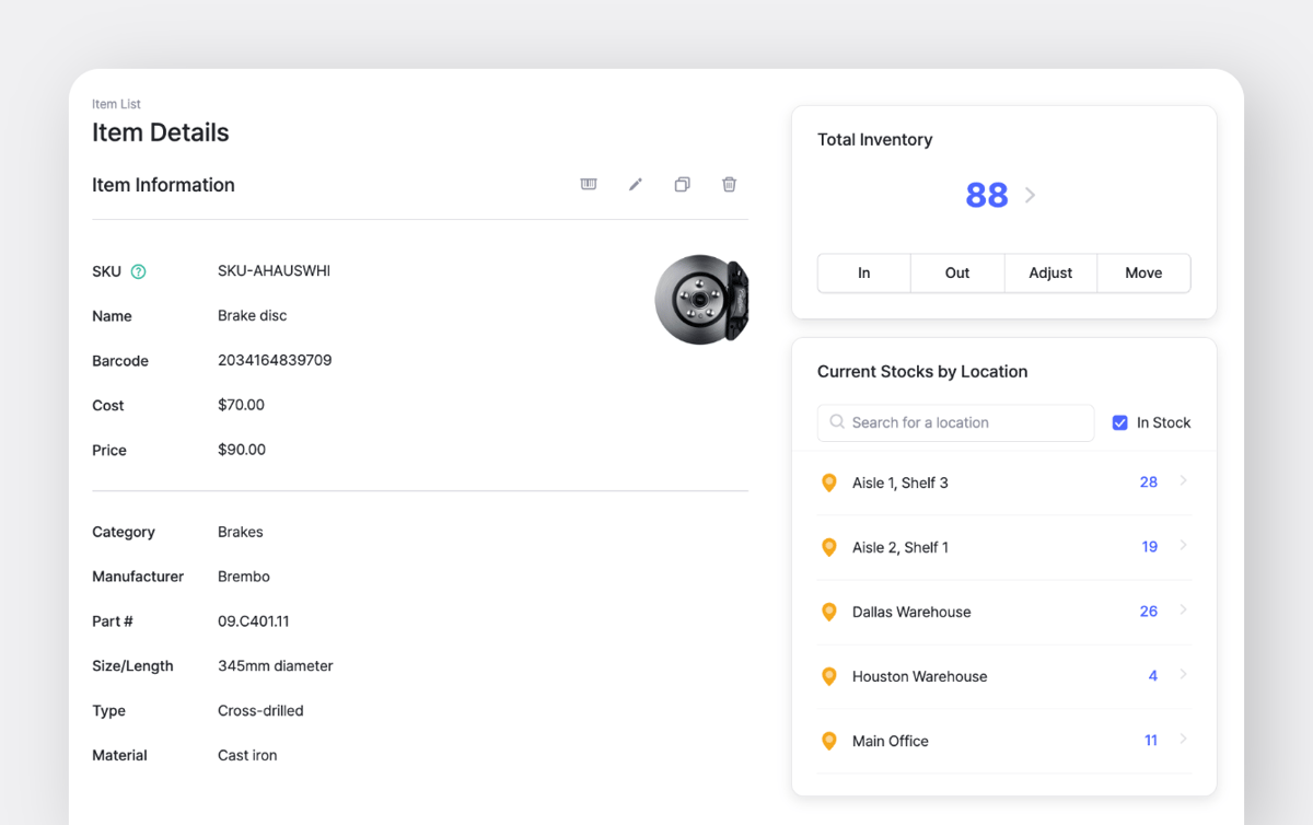 BoxHero Desktop UI: Item Information of a Brake Disc with Detailed Custom Attributes
