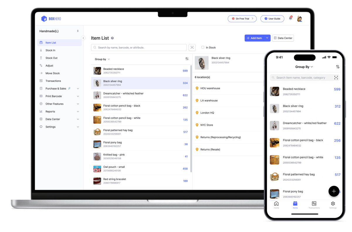 BoxHero Item List UI Screens on the Desktop and Mobile App