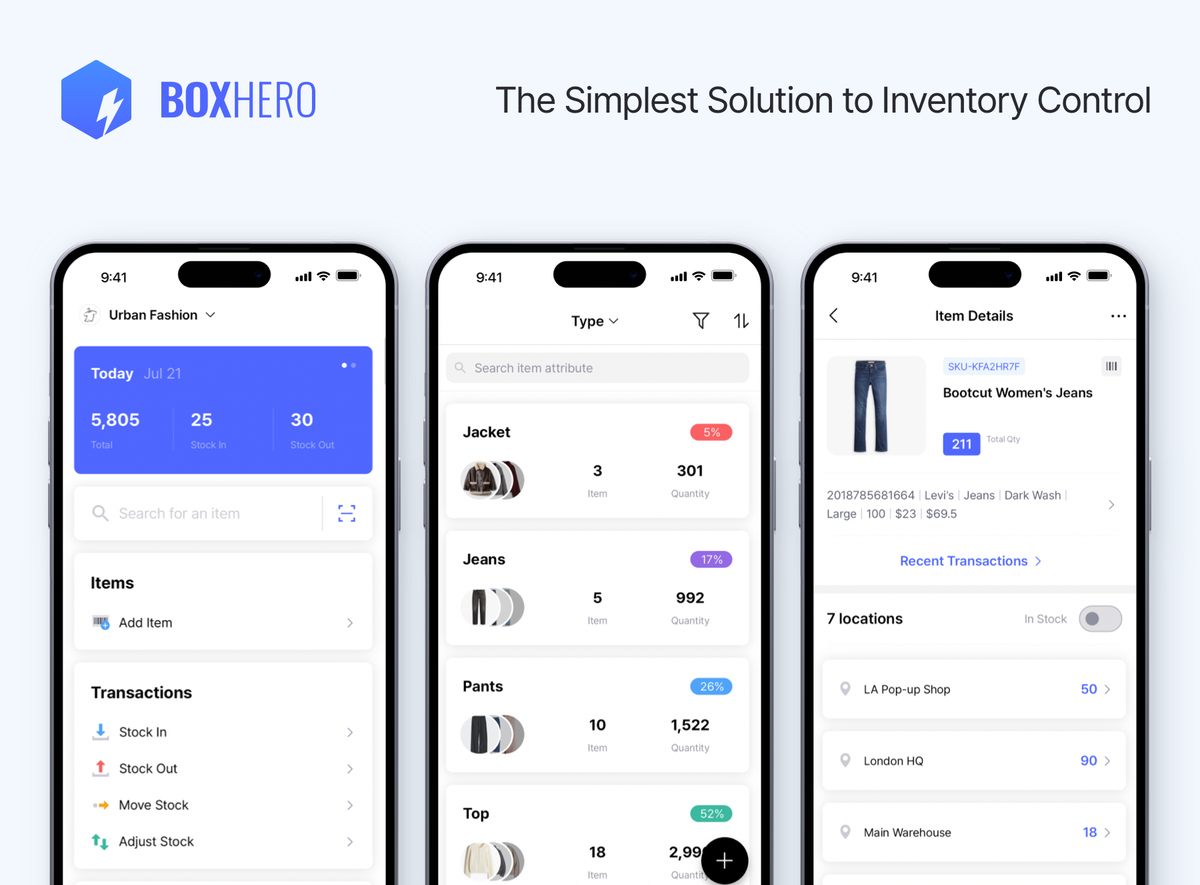 Mobile app screens from BoxHero showing inventory actions, item list, and item details