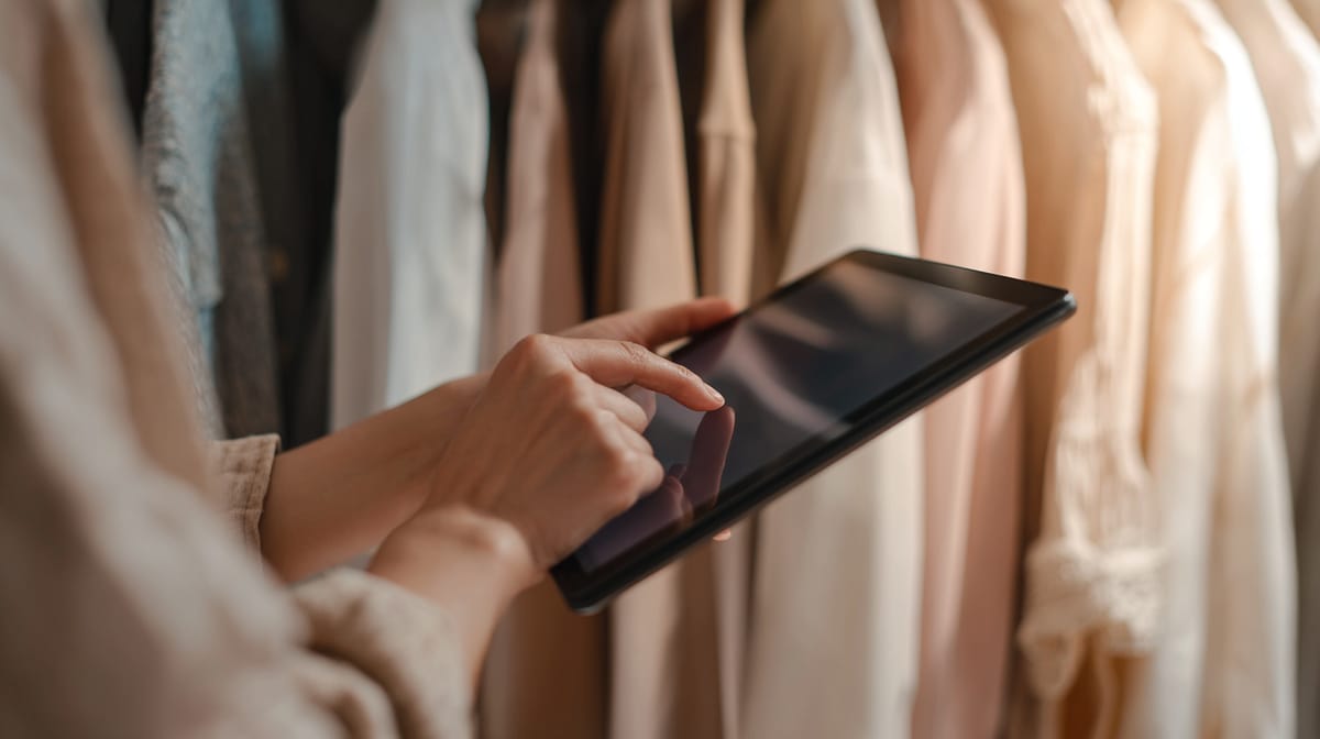 Close-up of a hand using a tablet to track clothing inventory