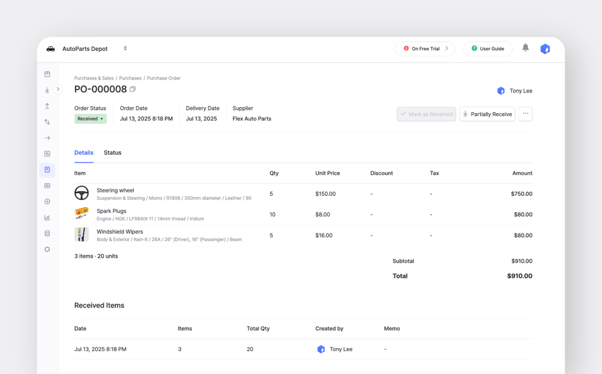 Purchase order details screen with item list in BoxHero