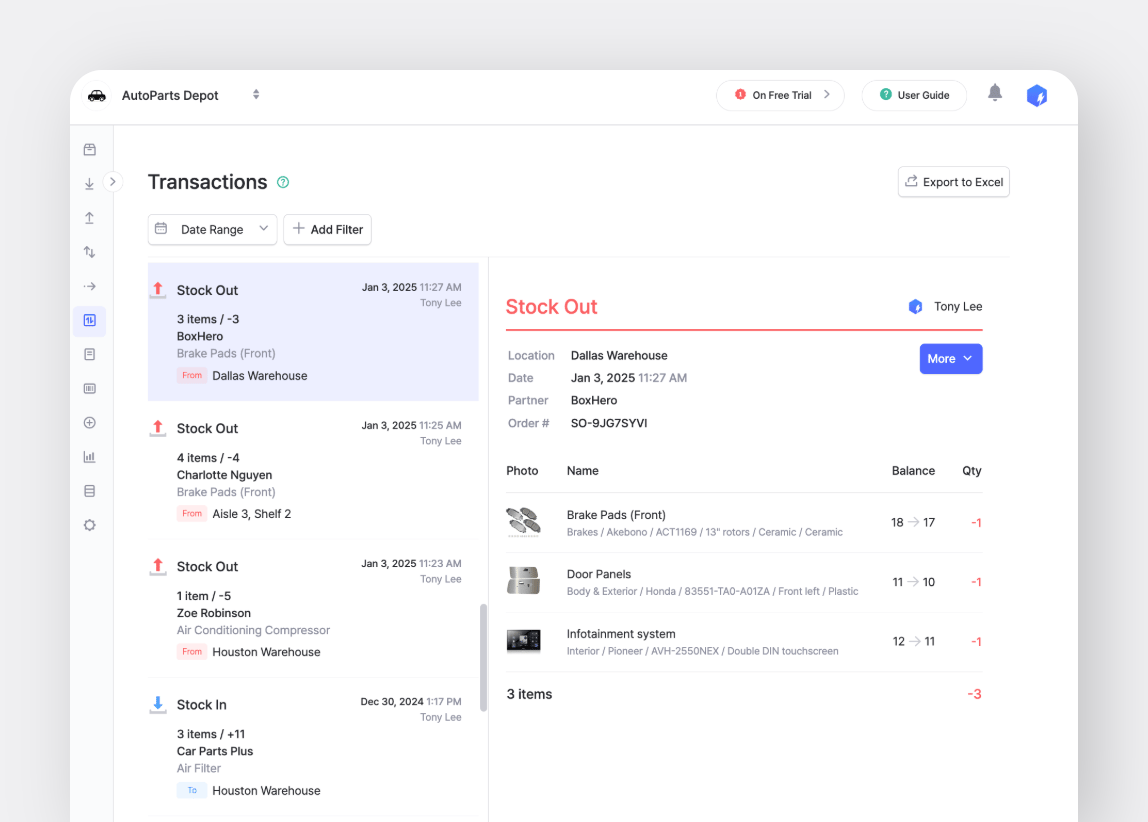 BoxHero's Transactions Feature UX/UI with Stock Out Detail